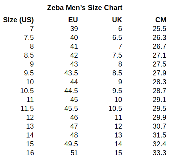 Zeba Shoes Men's Size Chart