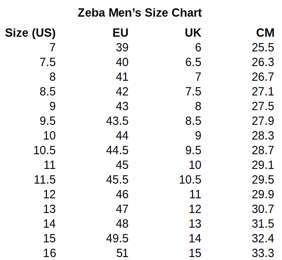 size shoe chart