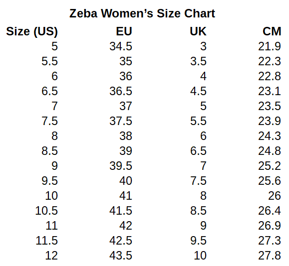 Zeba Shoes Womens Size Chart