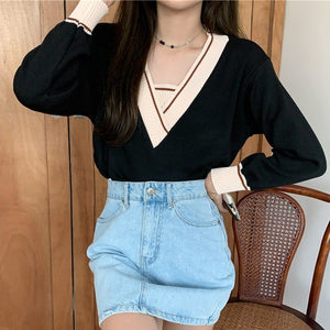 Winter Women V-Neck Pullovers Knitted Sweaters Loose Solid Short Style Ladies Korean Casual Long Sleeve Sueter Mujer Female