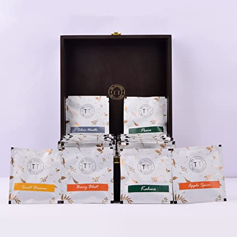 Wooden Tea Chest - 60 Pyramid Tea Bags - Berry Blast, Kahwa, Sweet Dreams, Apple Spice, Peace, Silver Needle Tea ( Blend of Chamomile, Cinnamon, Lavender & More ) | Tea Gift Box | Gift Pack |