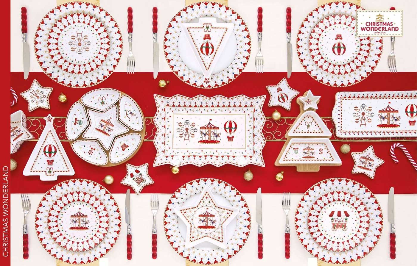 Christmas wonderland geomtrikus mintázatú karácsonyi porcelán étkészlet.
