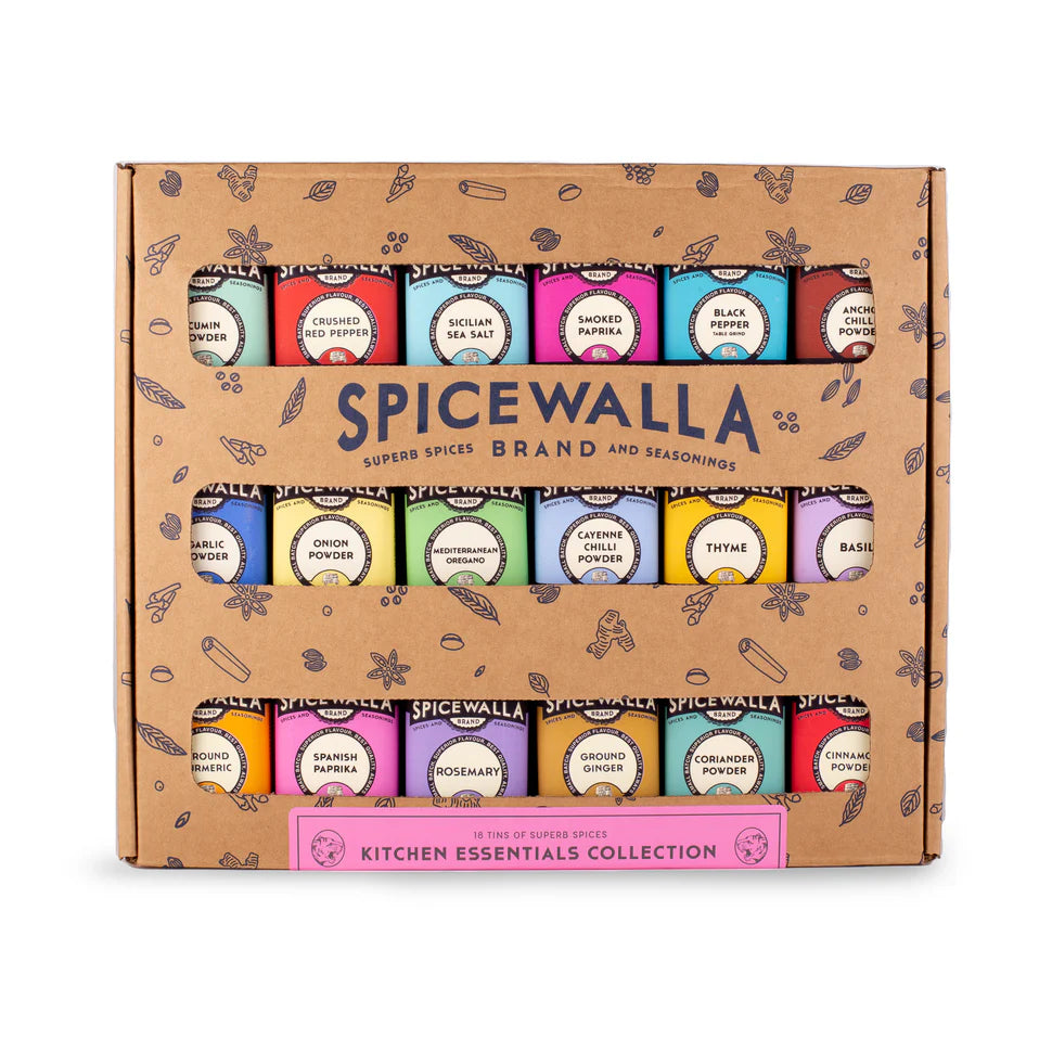 Box of Spicewalla brand kitchen essential spice tins.