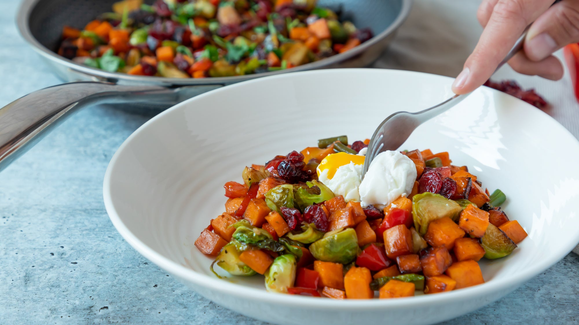 Pancetta Sweet Potato Hash With Fall Vegetables and Poached Egg by HexClad Hybrid Cookware