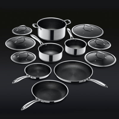 HexClad 22 Piece Hybrid Stainless Steel Cookware Set With 6 Pans, 6 Pots,  Mixing Bowls, 6 Knives and 12 Inch Griddle, Dishwasher Safe