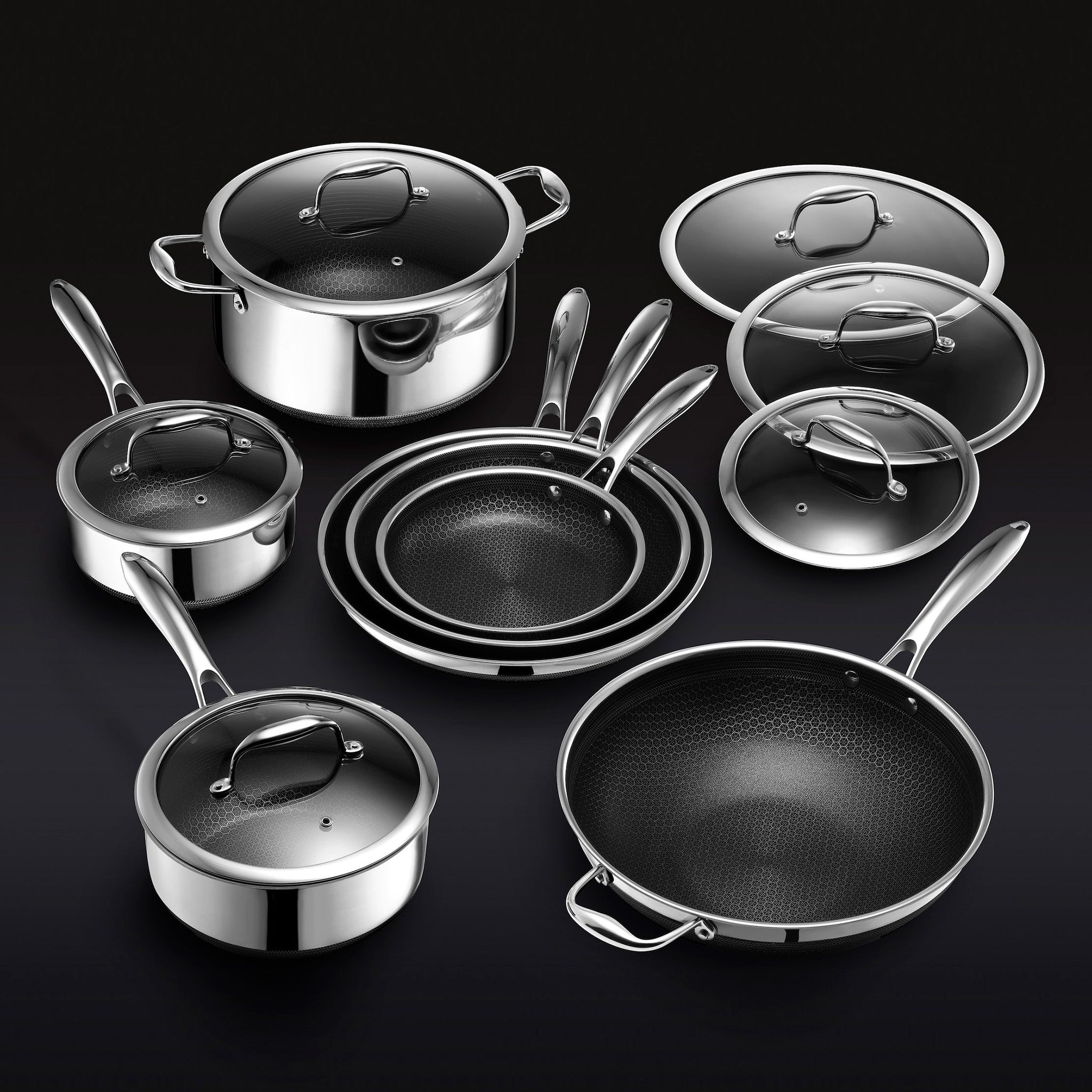 HexClad Hybrid Stainless Steel 6 Piece Frying Pan Set with Lids - 8, 10, 12  in for sale online