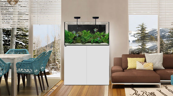 Aquarium AIO de WATERBOX meuble blanc dans salon