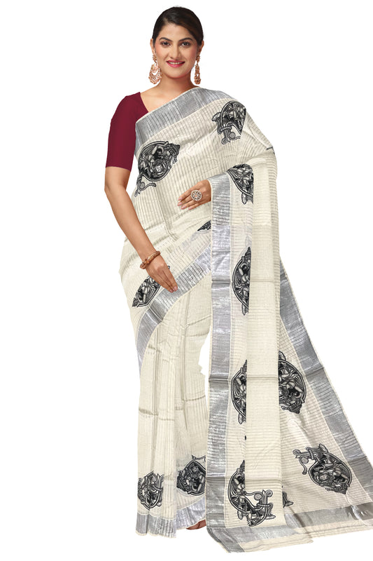 Buy mylooms Womens Kuthampully Cotton Printed Kerala Saree Silver Black Set  saree at Amazon.in