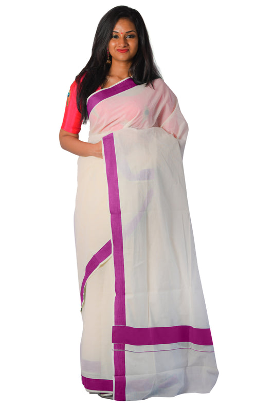 Pure Cotton Kerala Saree with Kasavu and Wine Purple Border – Southloom  Handmade and Organics