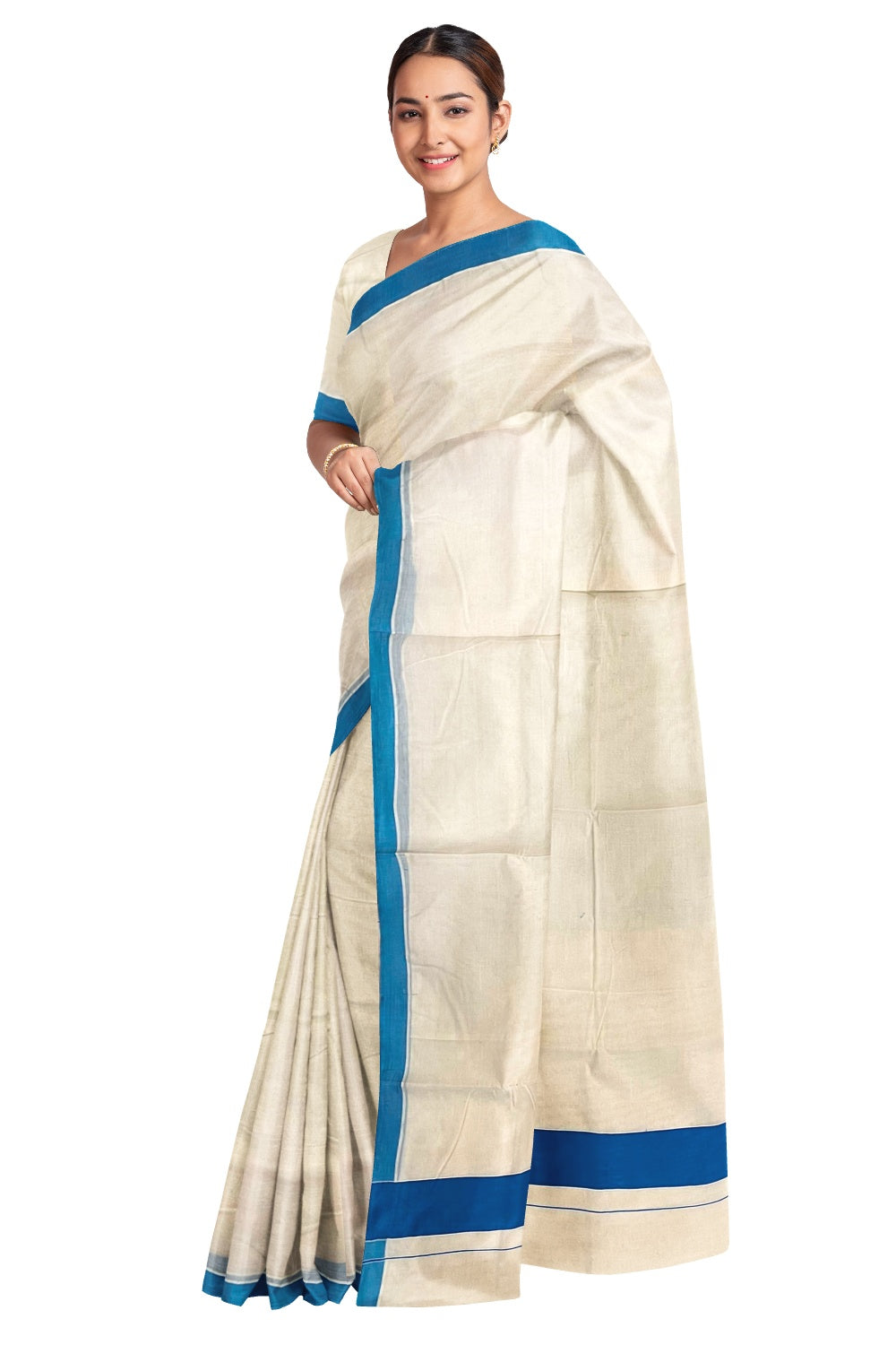 Pure Cotton Off White Kerala Saree with Blue Border – Southloom.com