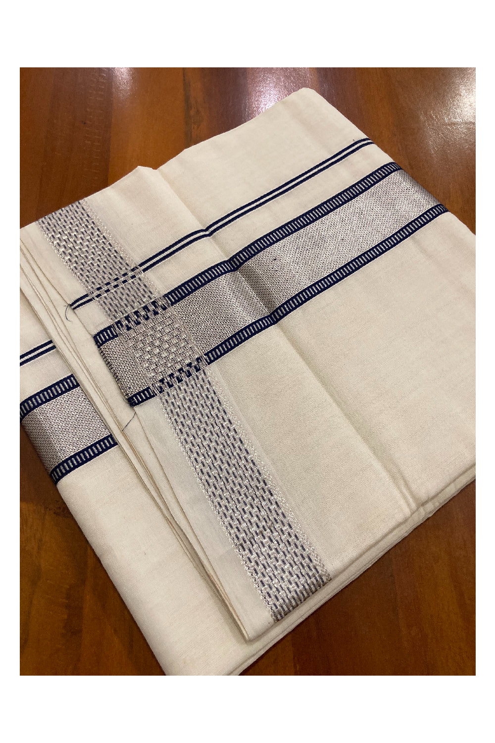 Southloom Premium Handloom Pure Cotton Mundu with Silver Kasavu and Navy Blue Design Border (South Indian Dhoti)