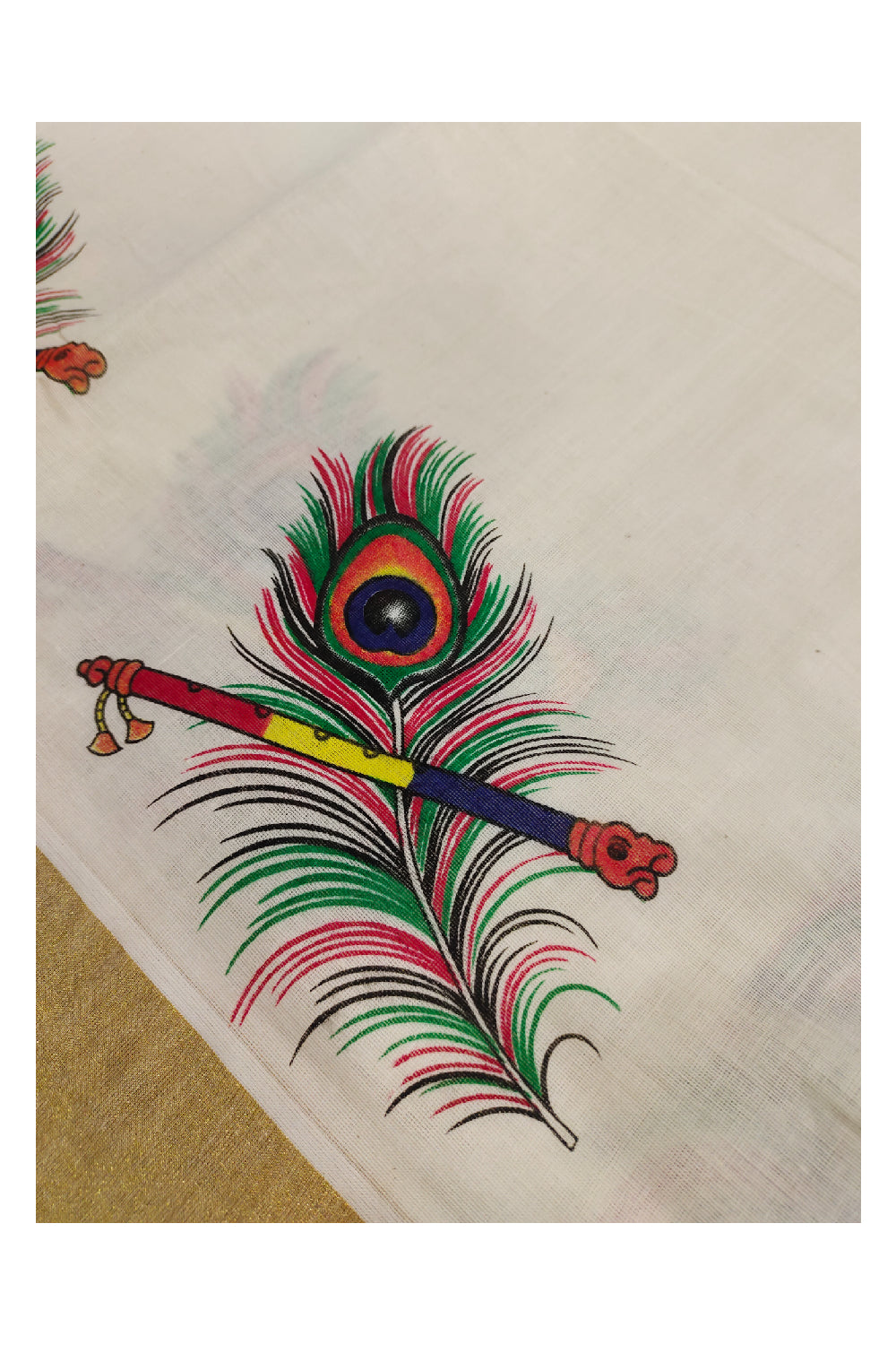 Kerala Kasavu Onam Saree With Mural Printed Peacock Feather and ...