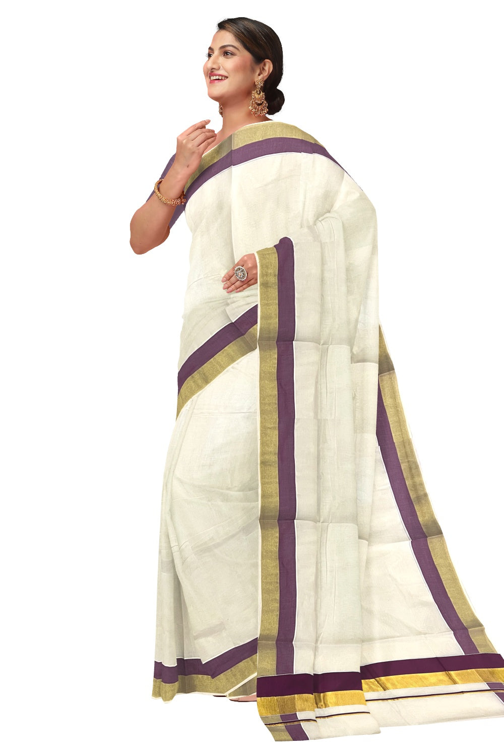 Pure Cotton Kerala Saree with Kasavu and Wine Purple Border ...