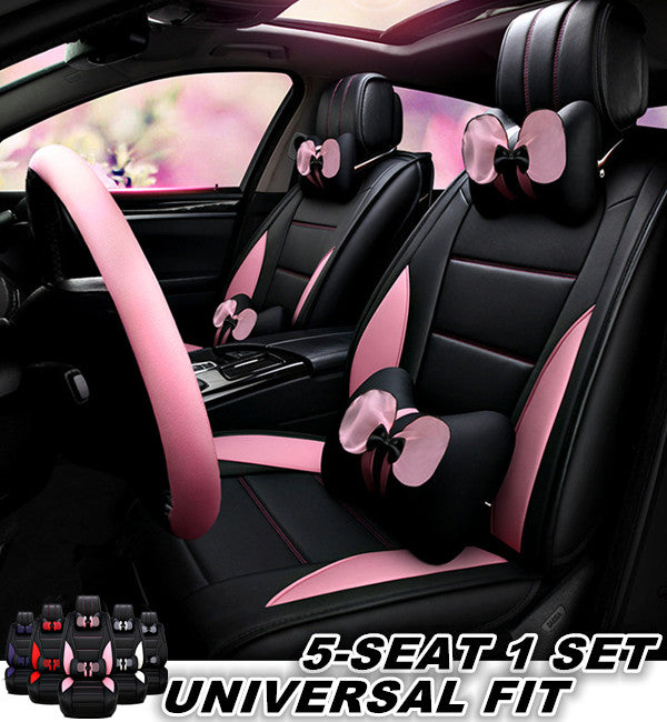 Cute Car Interior Leather Car Seat Covers Pink Full Set Seat