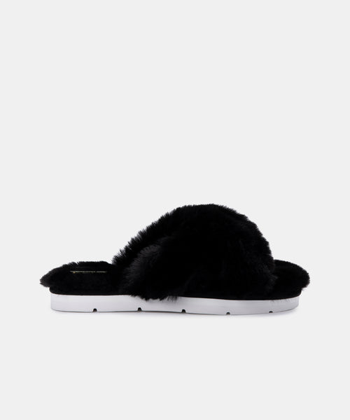 faux fur slippers black