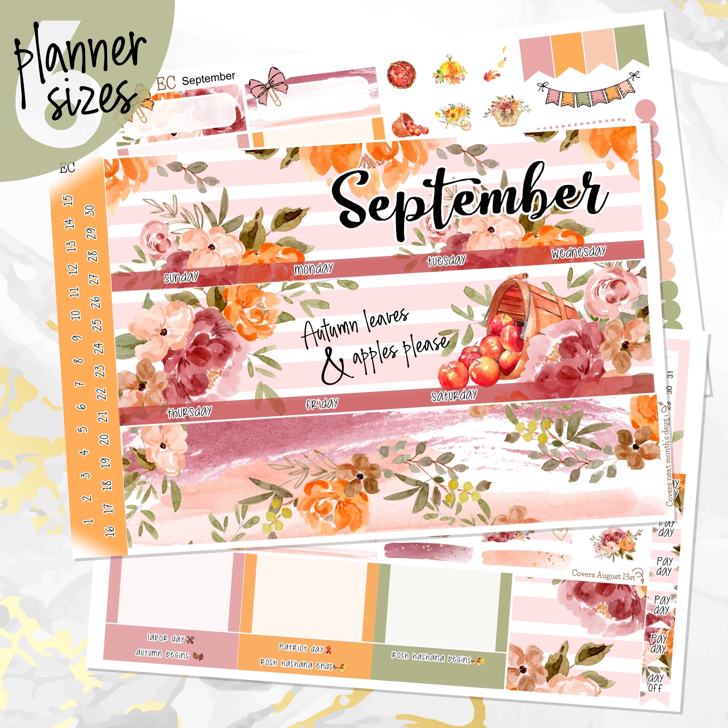 September Harvest Blush monthly - Erin Condren Vertical Horizontal 7"x9", Happy Planner Classic, Mini & Big
