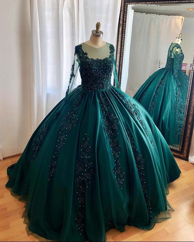 green ball gown with sleeves