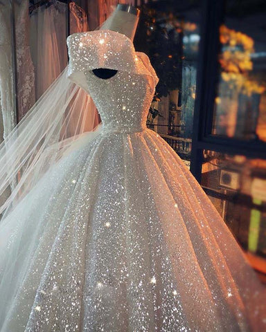 Spaghetti Straps V-Neck Sparkly Bohemian Wedding Dress Bridal Gown QW2 –  SQOSA