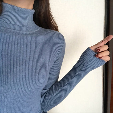 Winter Ribbed Long Sleeve Turtleneck Slim Fit Women Soft Warm Pullover Sweater