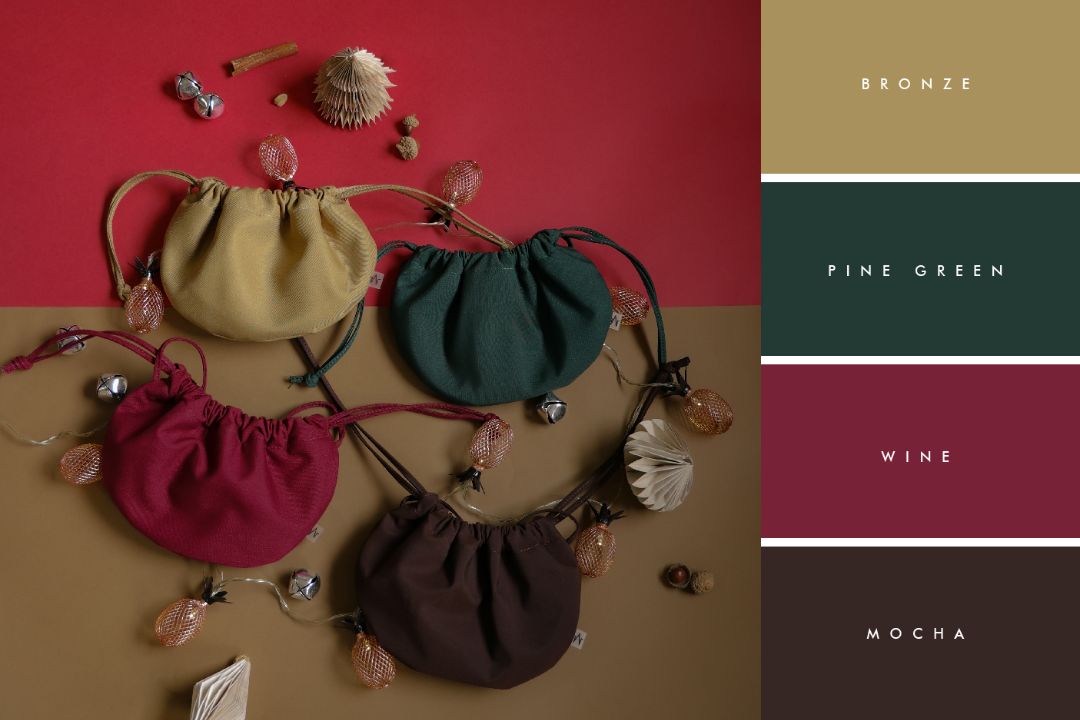 Christmas palette for cotton bag in 4 colours bronze, pine green, wine and chocolate