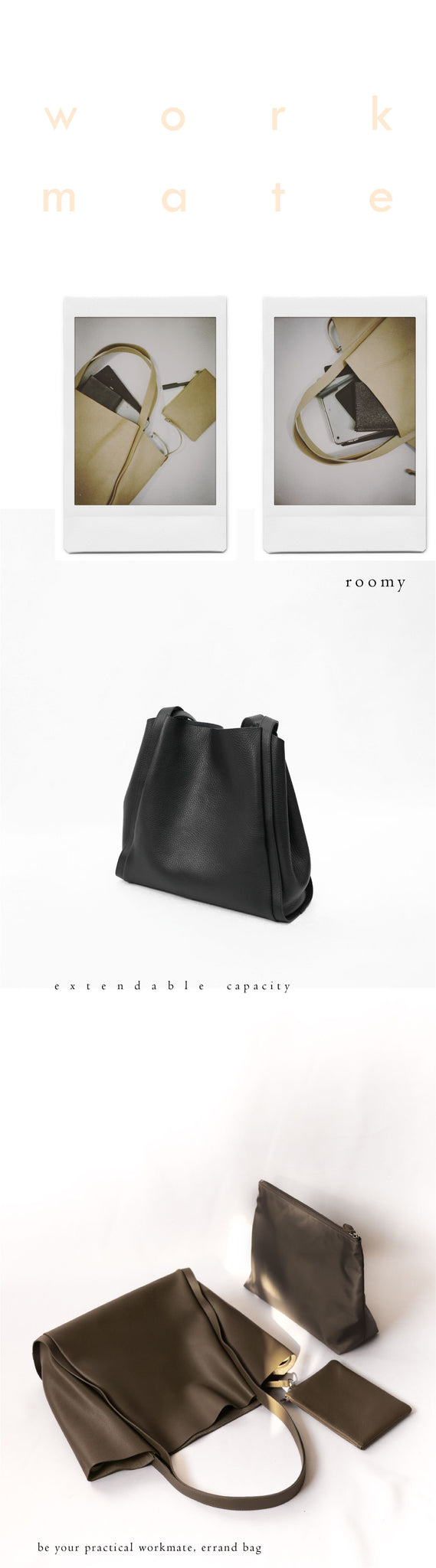 Workmate tote in tender leather and transferable shapes with detachable inner nylon bag and leather pouch with strap