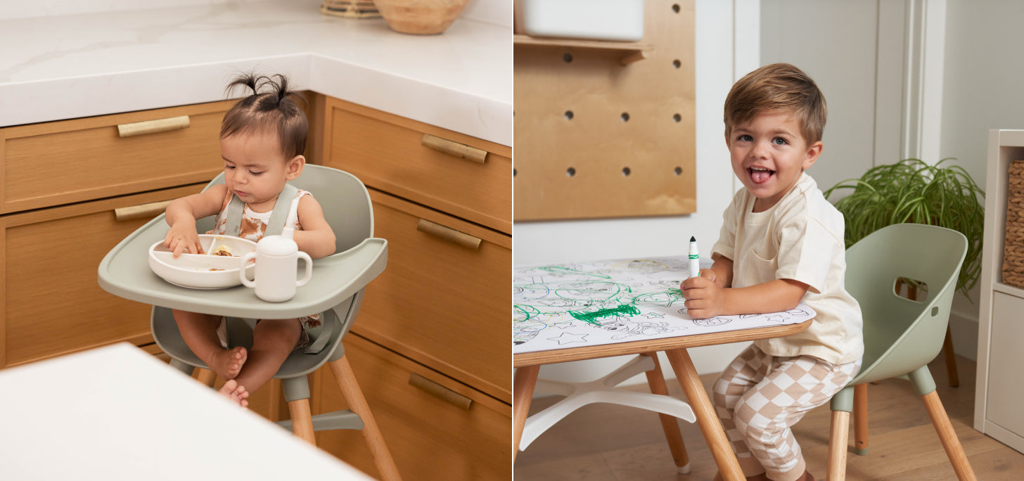 Image of baby in sage green high chair on the left and an image of toddler boy in sage green chair sitting at play table on right.