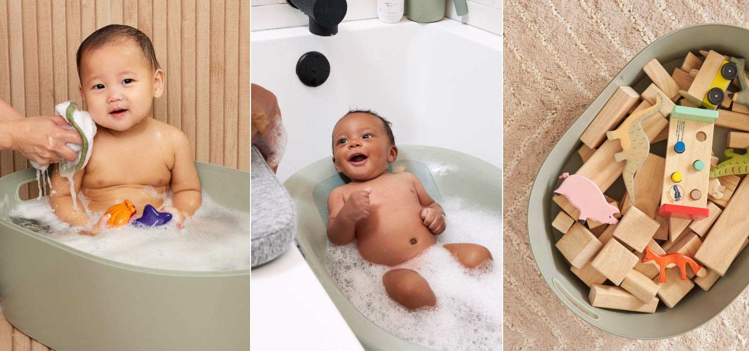 image of sage green baby bathtub by lalo used 3 different ways