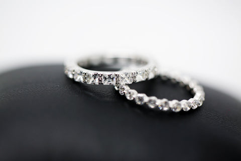 Baguette Cut and Round Eternity Rings in Rhodium Plated Silver