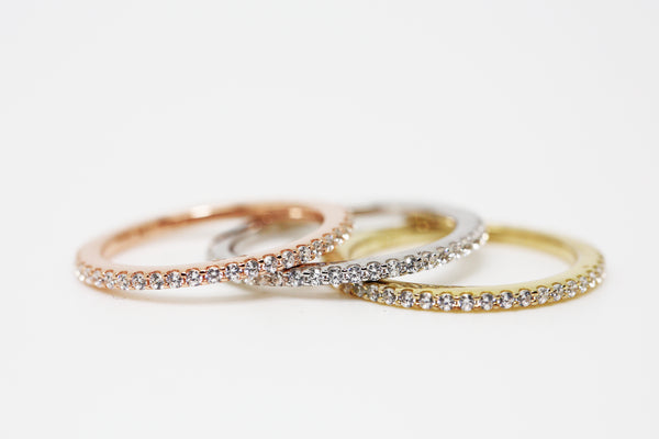 Three Eternity Rings in White Yellow and Rose Gold