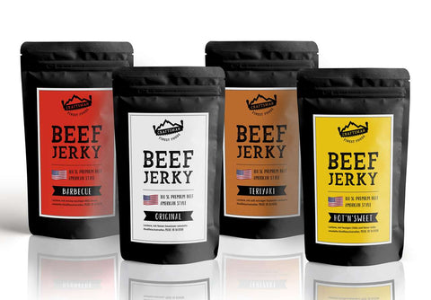 Beef Jerky American Line, Craftsman Finest Foods, Amerikanisches Trockenfleisch, Beef Jerky Original, Beef Jerky BBQ, Beef Jerky Teriyaki, Beef Jerky Hot and Sweet