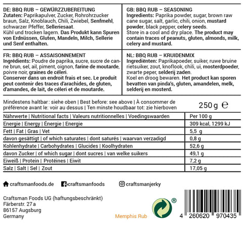 Craftsman Foods BBQ Rub Memphis Rub, Trockenmarinade Memphis Rub, Dry Rub Memphis Rub, Grillgewürz Memphis Rub, Memphis Rub zum Grillen
