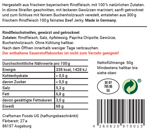 Craftsman Foods Beef Jerky Smoky, Trockenfleisch Made in Germany
