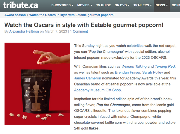 Tribute.ca article on EATABLE Oscars Popcorn