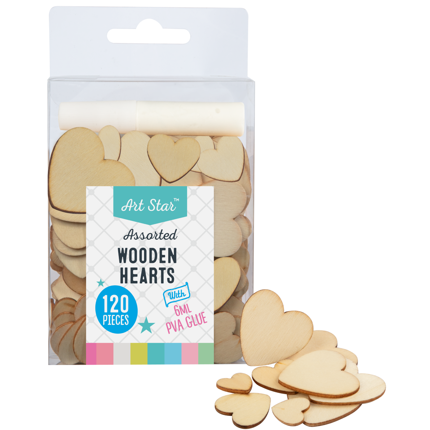 Image of Art Star Assorted Size Wooden 120 Pack Hearts