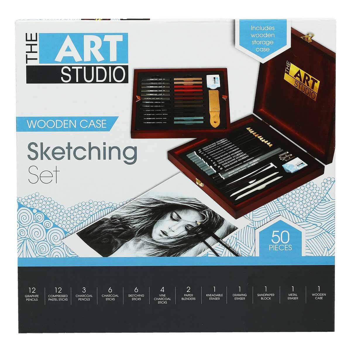 Image of The Art Studio Sketching Set In Wooden Case (50 Pieces)