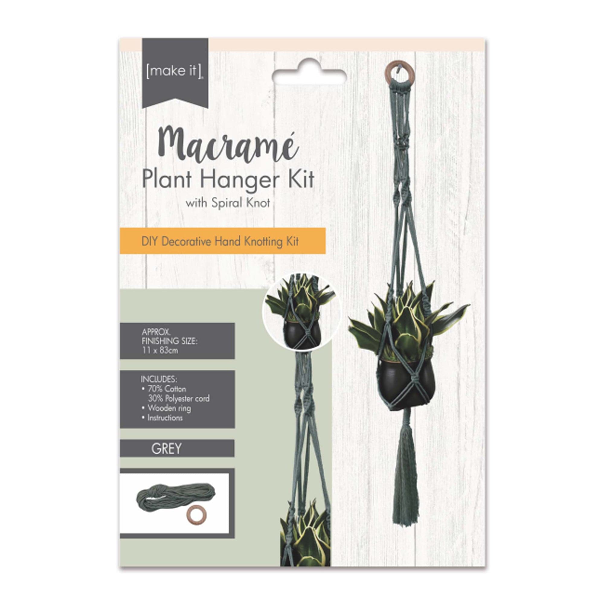 Image of Macrame Plant Hanger Kit- With Spiral Knot- Grey 11X83cm