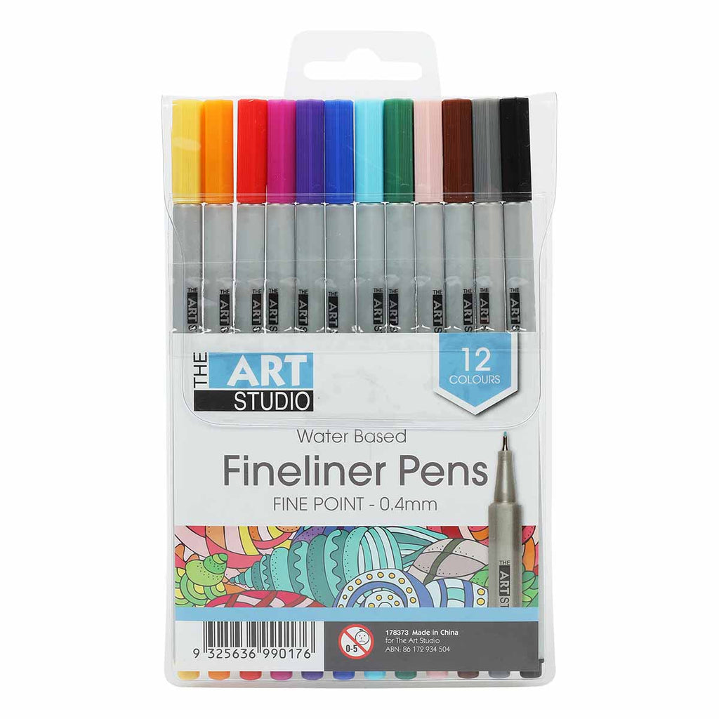 The Art Studio Water Based Fineliner Pens Assorted Colours 0.4mm 12 Se
