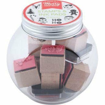 Image of Make A Merry Christmas Wooden Stamp and Ink Pad Jar 10 Pieces