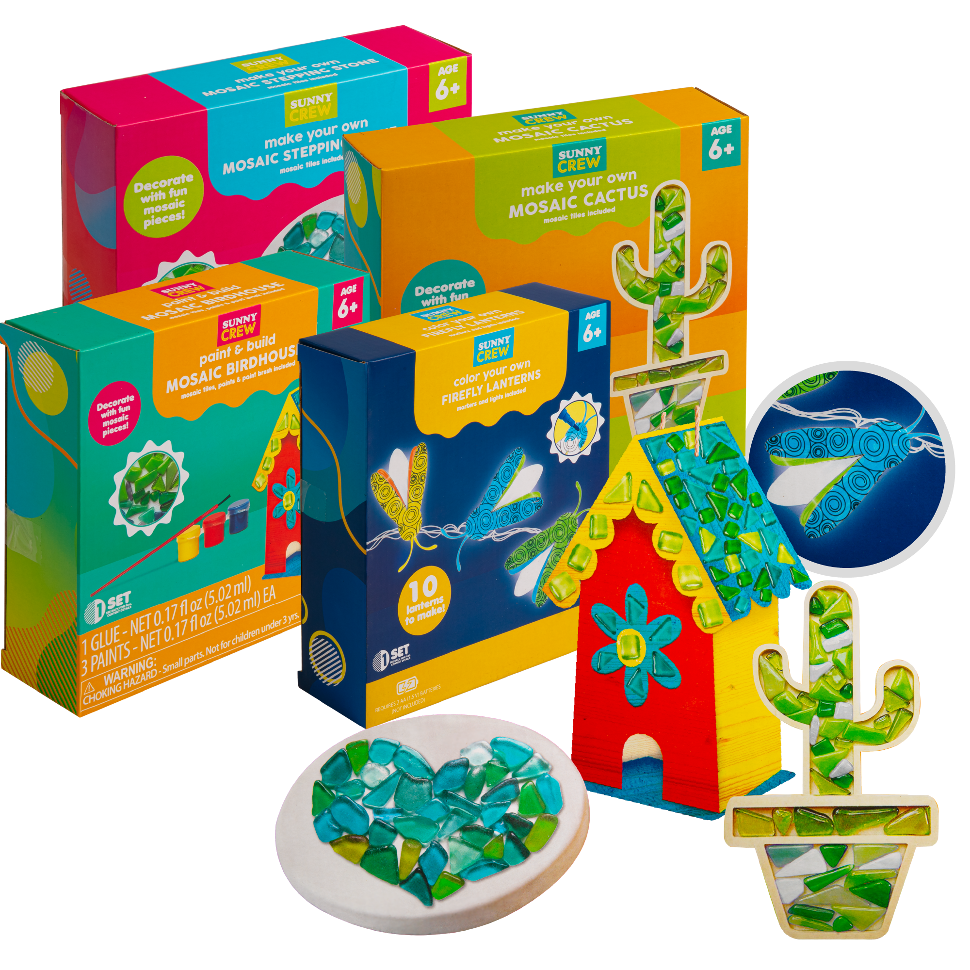 Image of Grafix 4 in 1 Summer Craft Kit Pack-Make Your Own Mosaic Cactus, Birdhouse, Stepping Stone and Firefly Lanterns