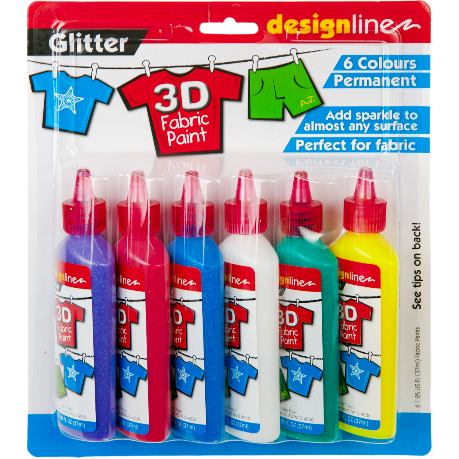 Image of Design Line 3D Fabric Paint Set Glitter 6 x 37ml