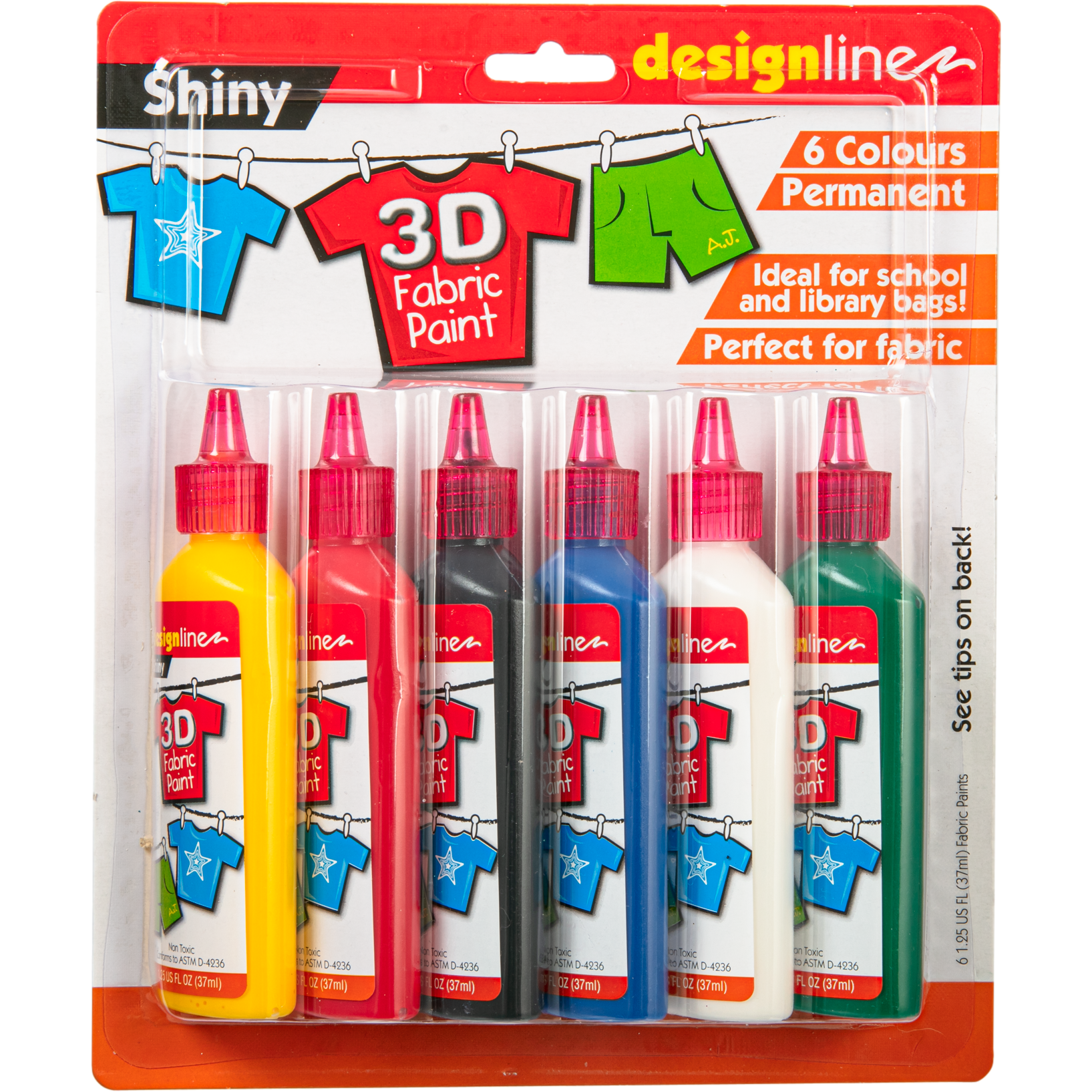 Image of Design Line 3D Fabric Paint Set Shiny Colours 6 x 37ml