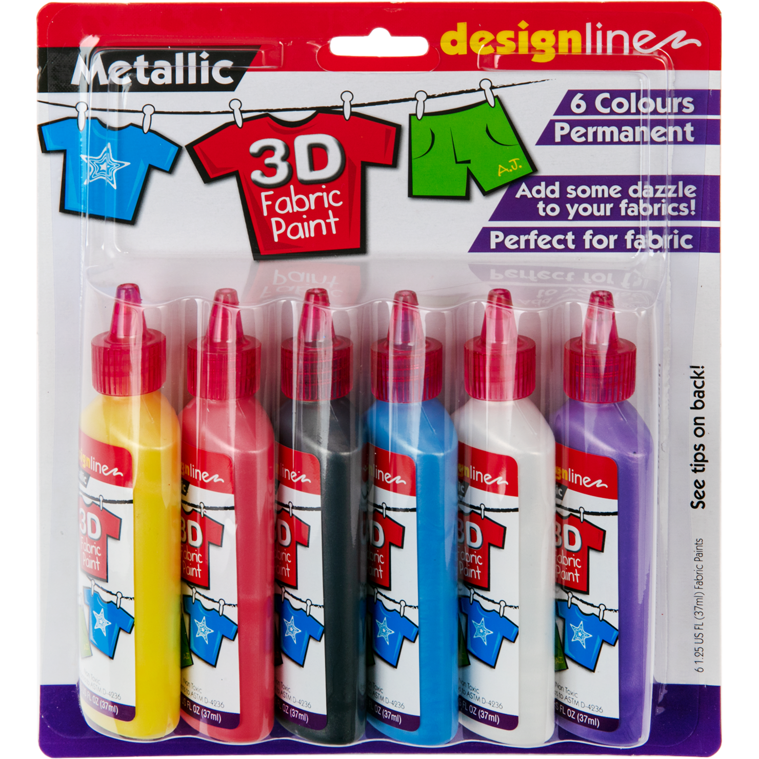 Image of Design Line 3D Fabric Paint Set Metallic Colours 37mL (6 Pack)