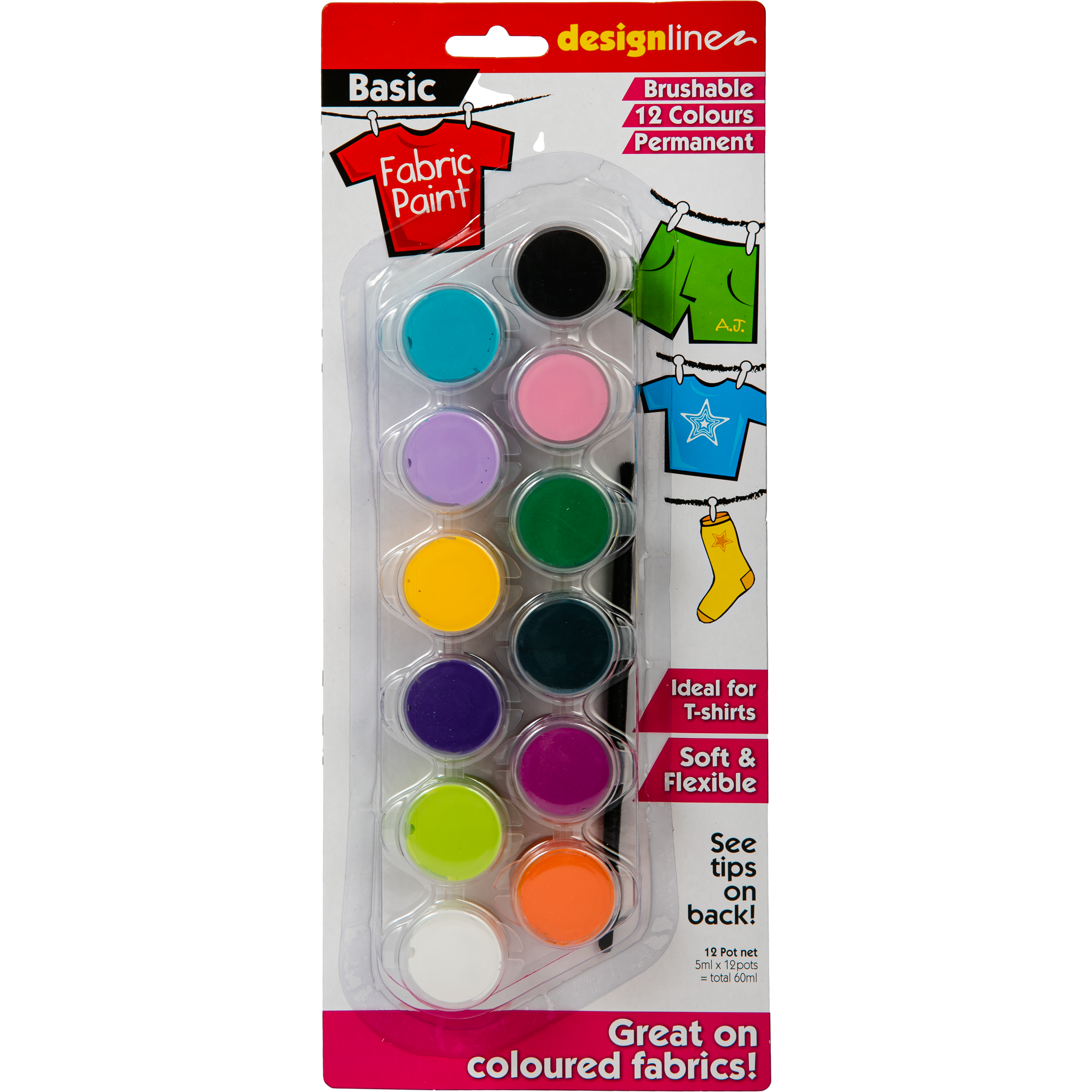 Image of Design Line Permanent Brushable Fabric Paint Assorted Colours 12 Pieces