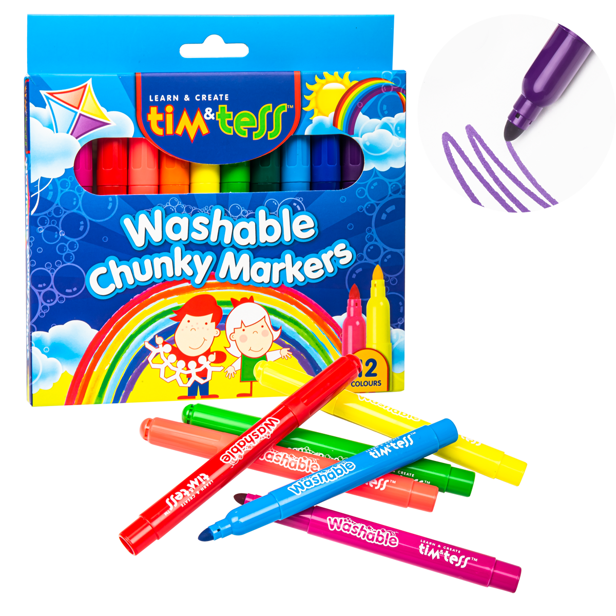 Image of Tim & Tess Washable Chunky Markers Assorted Colours 12 Pieces