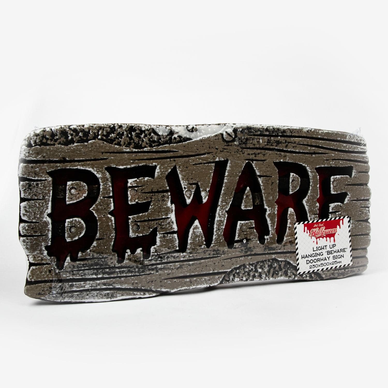 Image of Hanging Light Up Beware Doorway Sign 230x500x25mm