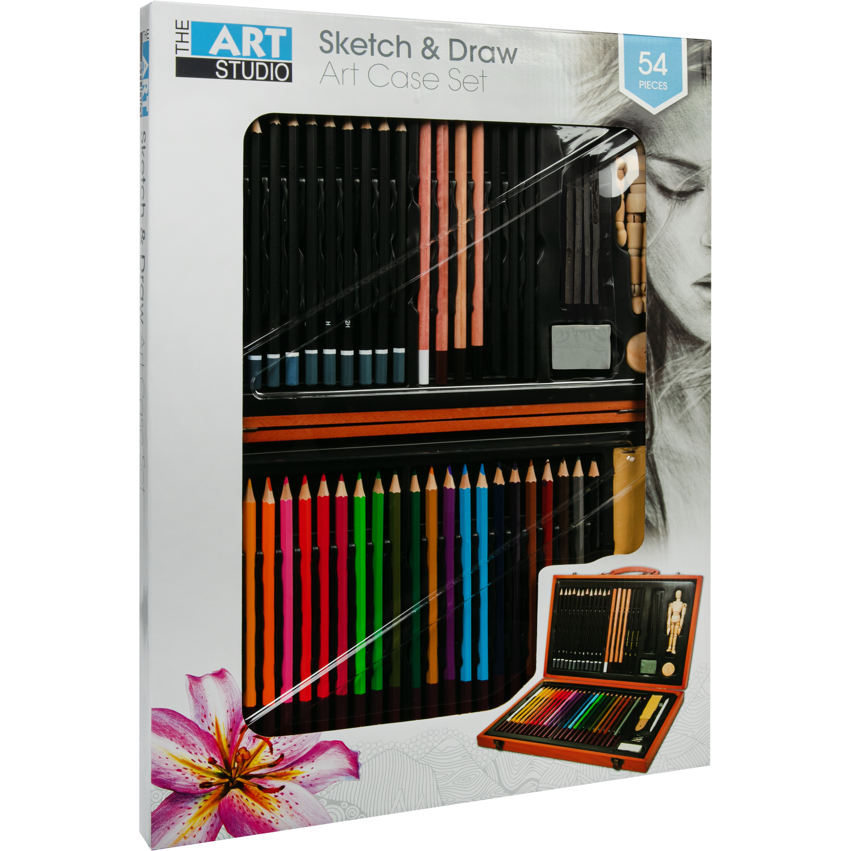 Image of The Art Studio Sketching and Drawing Set in Wooden Case 54 pieces