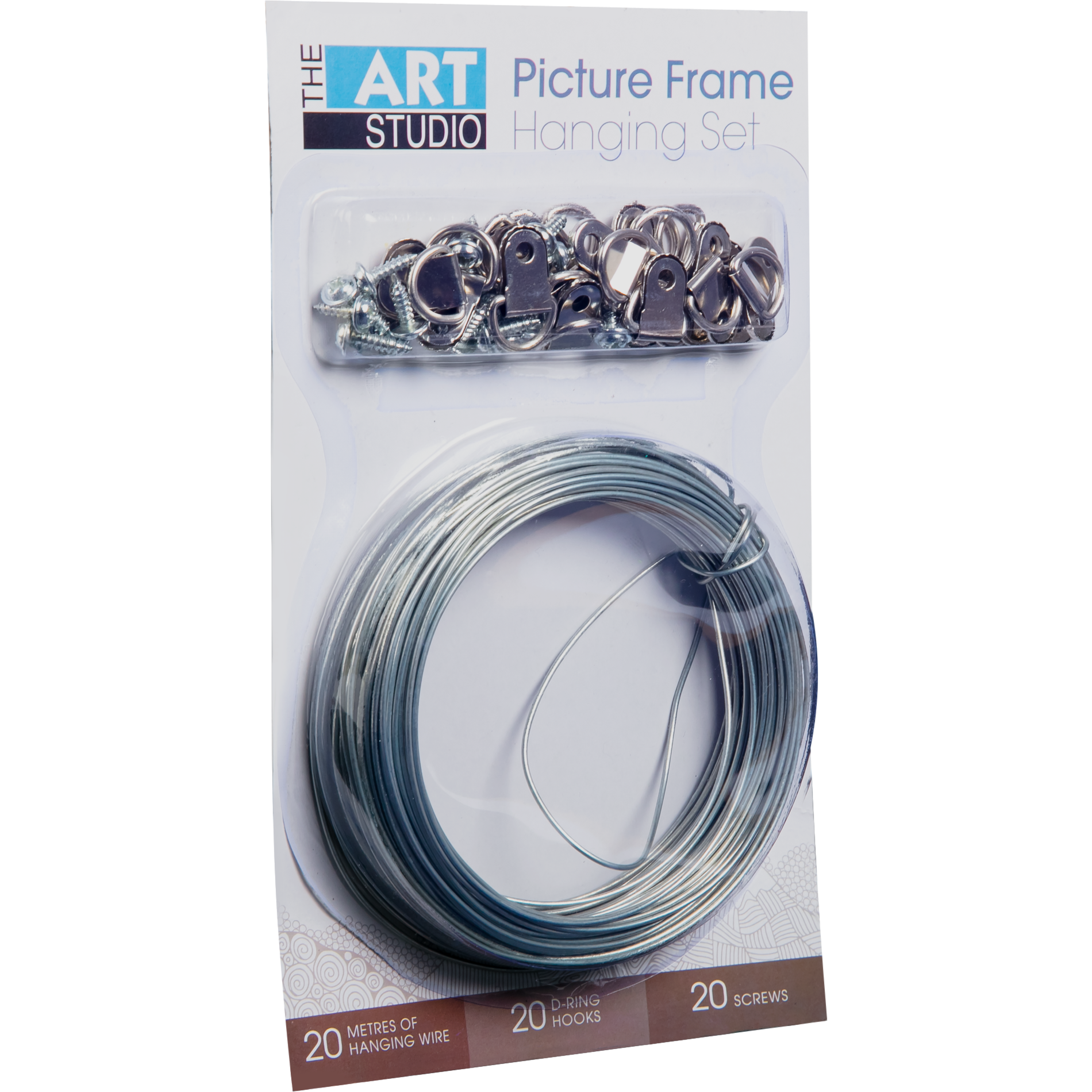 Image of Art Studio Picture Hanging Set Includes 20 D-Ring Hooks, 20 Screws and 20 metres of Hanging Wire