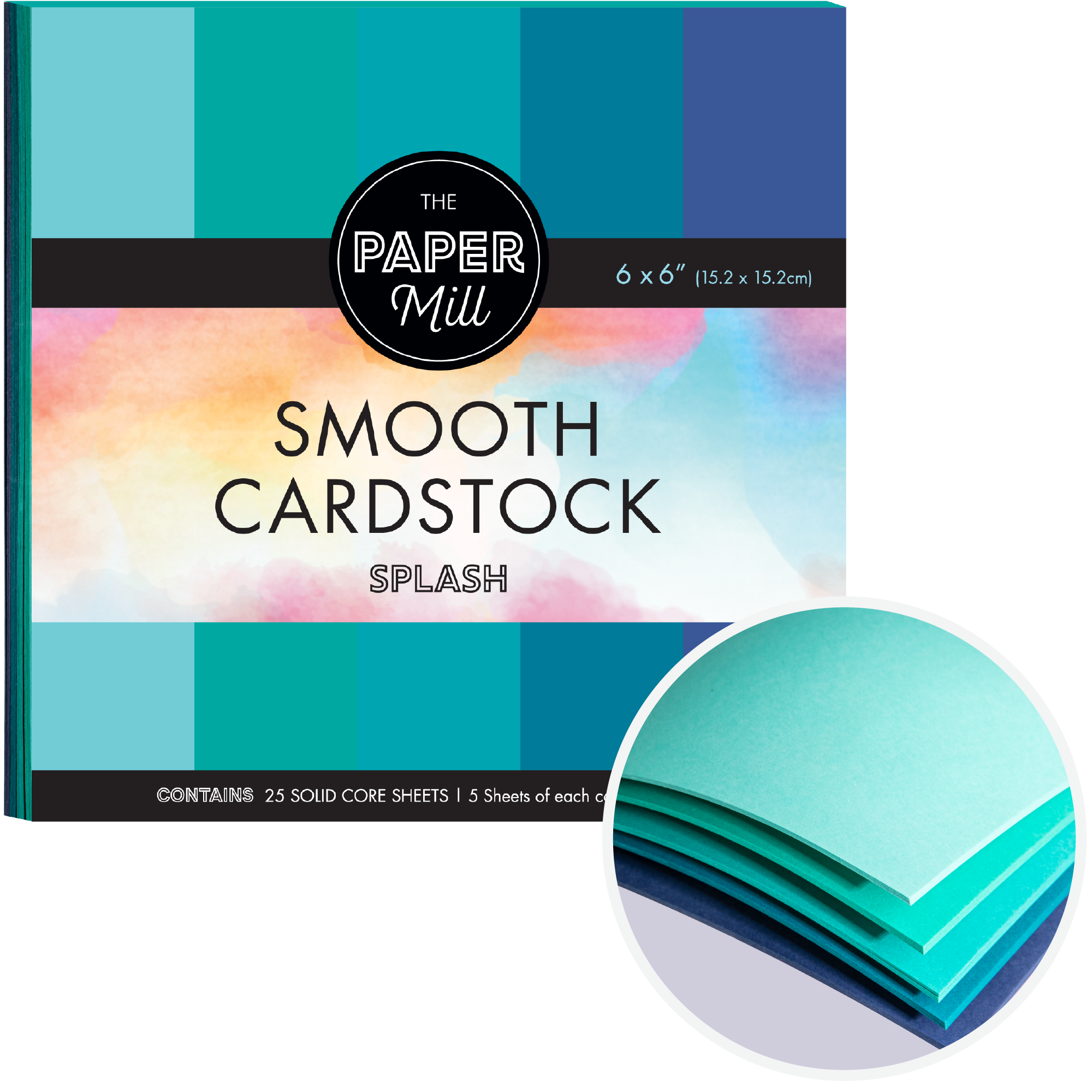 Image of The Paper Mill Coloured Core Smooth Cardstock 180gsm 15x15cm (6 x 6") 25 Sheets Splash