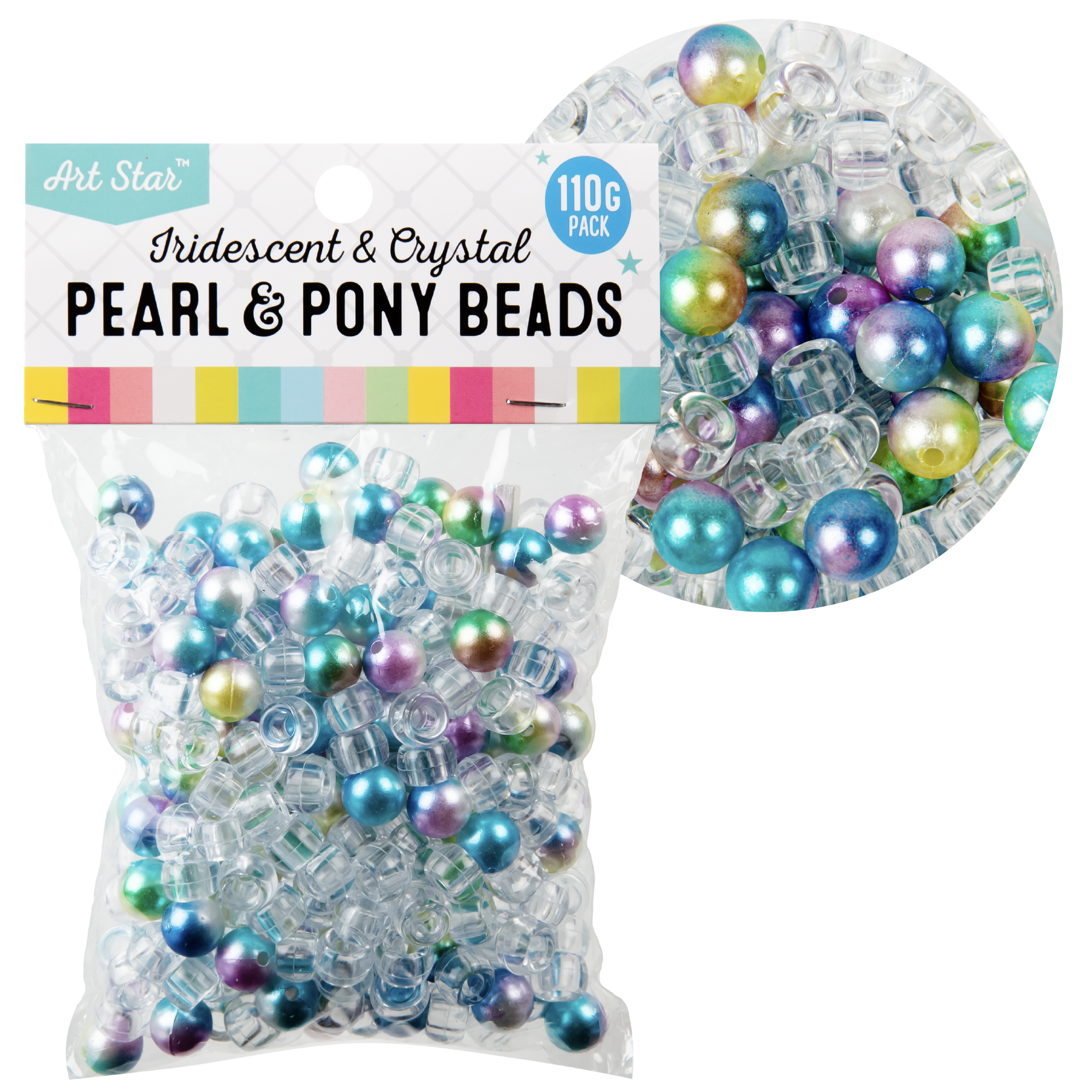 Image of Art Star Assorted Colour Round 10mm Iridescent Pearl Beads and Crystal Pony Beads 6 x 9mm 110g Pack