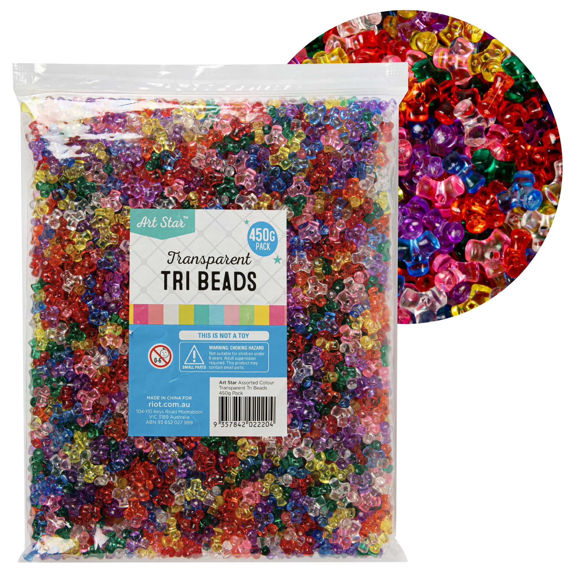 Image of Art Star Assorted Colour Transparent Tri Beads 11mm 450g Pack